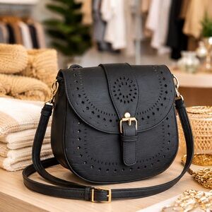 Black Leather Crossbody Bag Perforated Boho Saddle Purse Gold Hardware Adj Strap